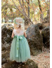 Sleeveless Ivory Lace Sage Tulle Long Flower Girl Dress